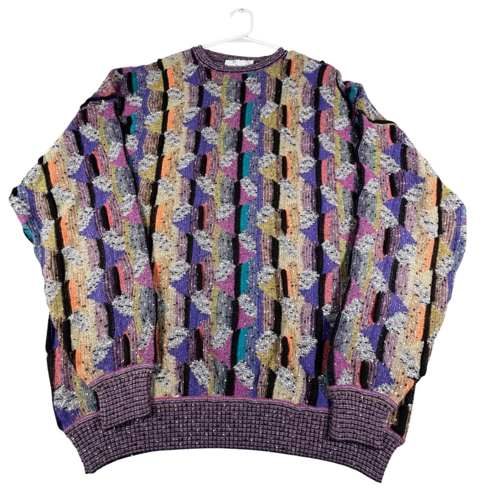 Vintage Neiman Marcus 3D Knit Sweater Mens XL Multi Color Geometric USA Made